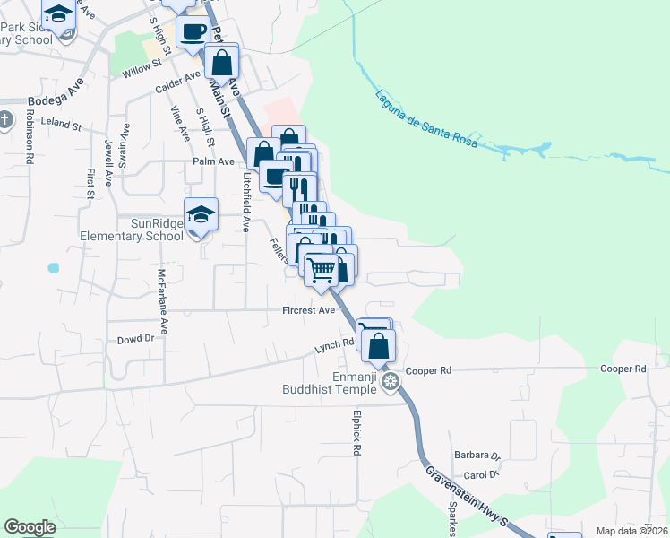 map of restaurants, bars, coffee shops, grocery stores, and more near 251 Hutchins Avenue in Sebastopol