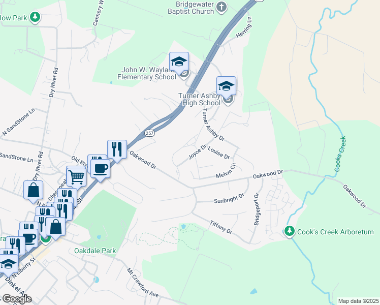map of restaurants, bars, coffee shops, grocery stores, and more near 213 Joyce Drive in Bridgewater