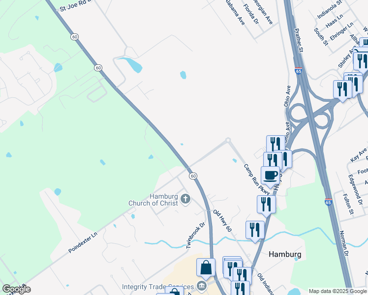 map of restaurants, bars, coffee shops, grocery stores, and more near 9126 Indiana 60 in Sellersburg