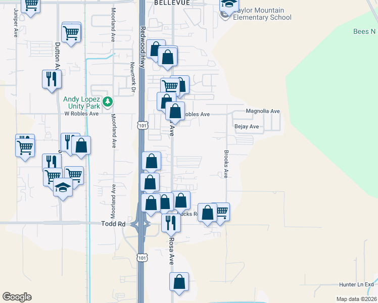 map of restaurants, bars, coffee shops, grocery stores, and more near 3454 Santa Rosa Avenue in Santa Rosa