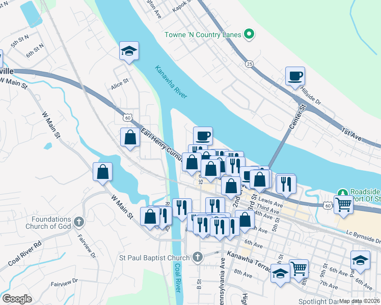 map of restaurants, bars, coffee shops, grocery stores, and more near 45-49 B Street in Saint Albans