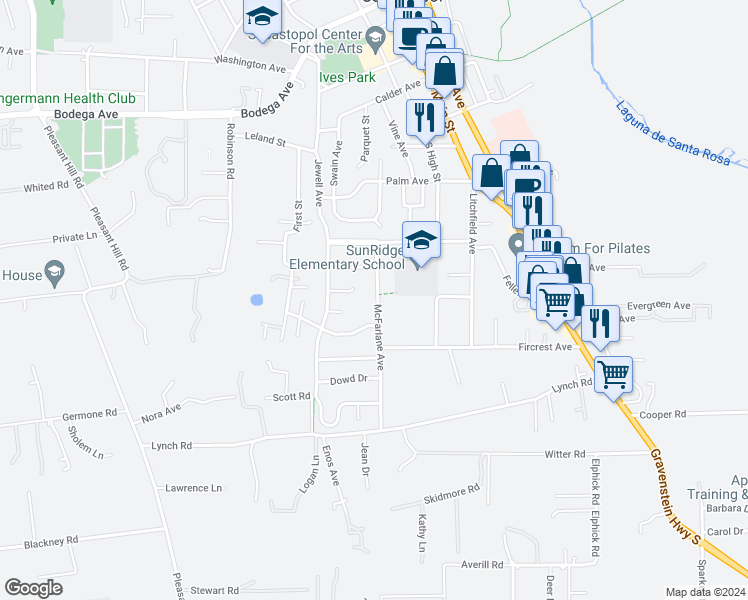 map of restaurants, bars, coffee shops, grocery stores, and more near 918 McFarlane Avenue in Sebastopol