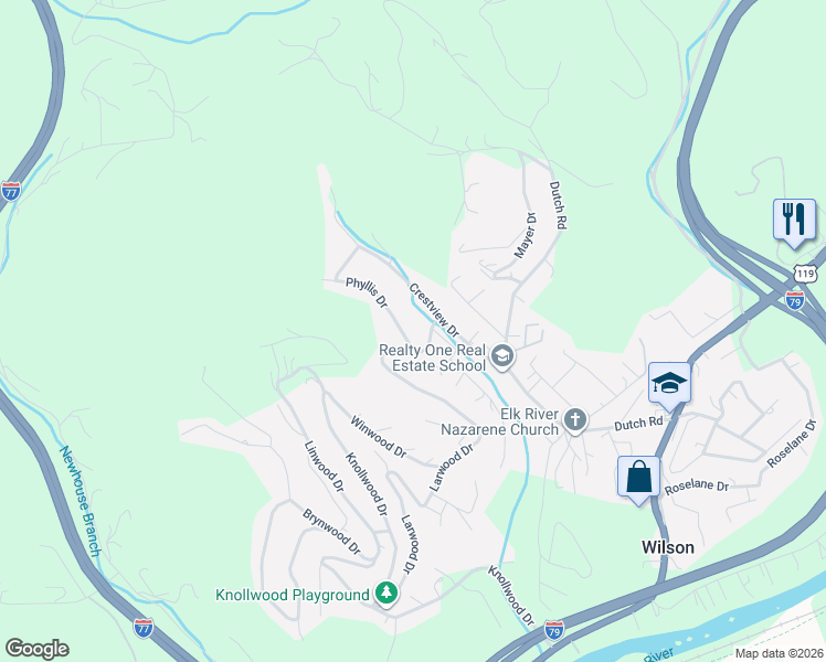 map of restaurants, bars, coffee shops, grocery stores, and more near 405 Crestview Dr in Charleston