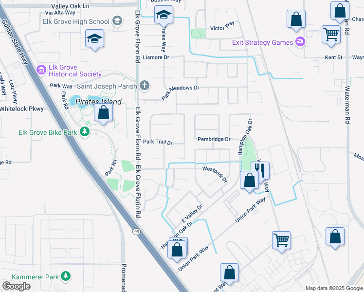 map of restaurants, bars, coffee shops, grocery stores, and more near 8970 Park Trail Drive in Elk Grove