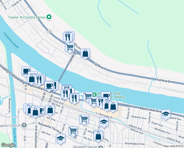 map of restaurants, bars, coffee shops, grocery stores, and more near 114 Kanawha Avenue South in Nitro