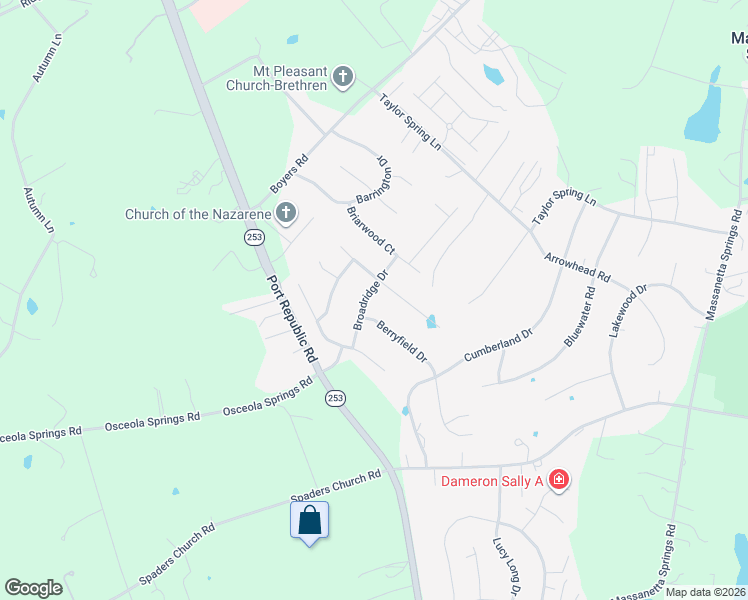 map of restaurants, bars, coffee shops, grocery stores, and more near 1711 Broadridge Drive in Harrisonburg