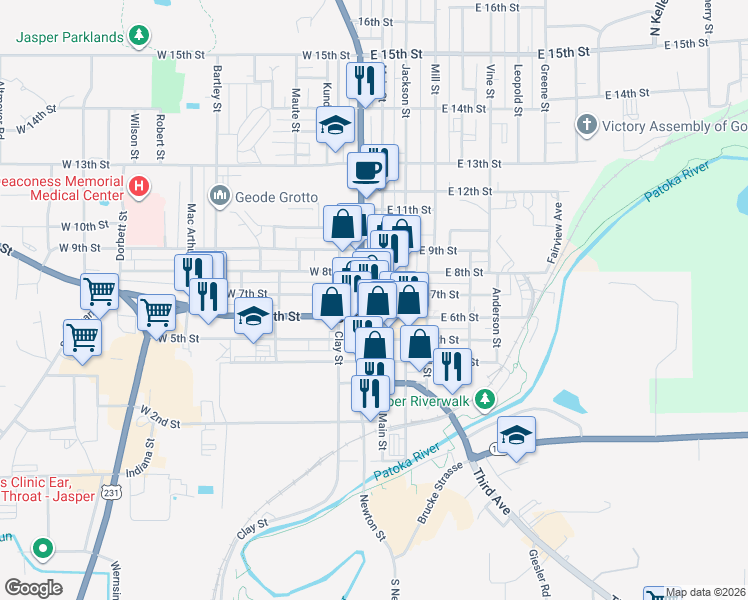 map of restaurants, bars, coffee shops, grocery stores, and more near 806 Main Street in Jasper