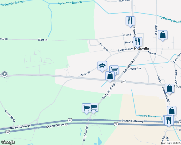 map of restaurants, bars, coffee shops, grocery stores, and more near 34313 Main Street in Pittsville