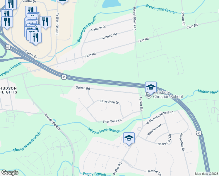map of restaurants, bars, coffee shops, grocery stores, and more near 819 Outten Road in Salisbury
