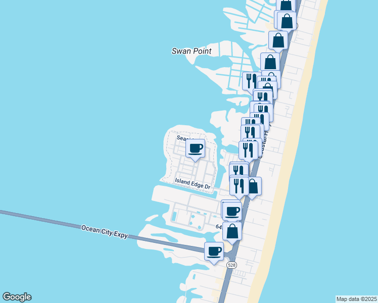 map of restaurants, bars, coffee shops, grocery stores, and more near 6 Canal Side Mews West in Ocean City