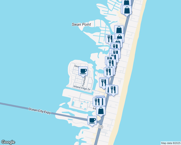 map of restaurants, bars, coffee shops, grocery stores, and more near 37 Fountain Drive West in Ocean City