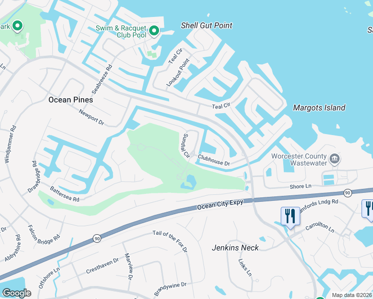 map of restaurants, bars, coffee shops, grocery stores, and more near 14 Sundial Circle in Ocean Pines