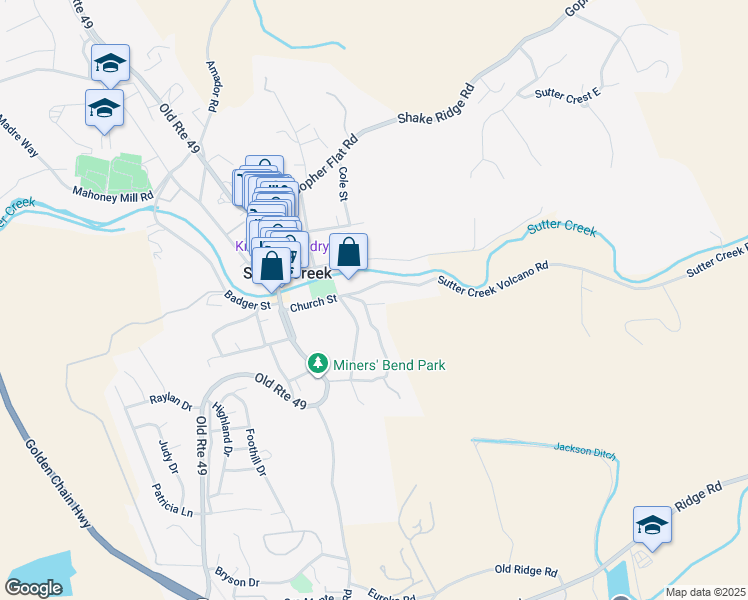 map of restaurants, bars, coffee shops, grocery stores, and more near 10 Greenstone Terrace in Sutter Creek