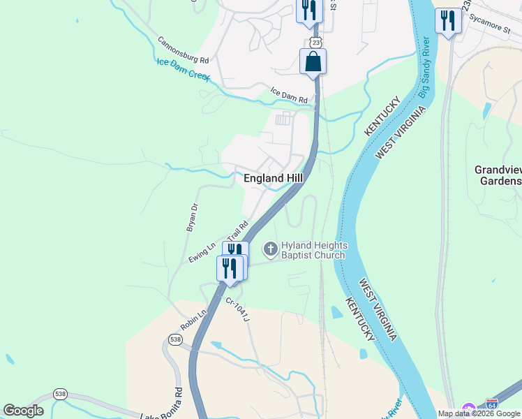 map of restaurants, bars, coffee shops, grocery stores, and more near 10407 Cr-1041F in Catlettsburg