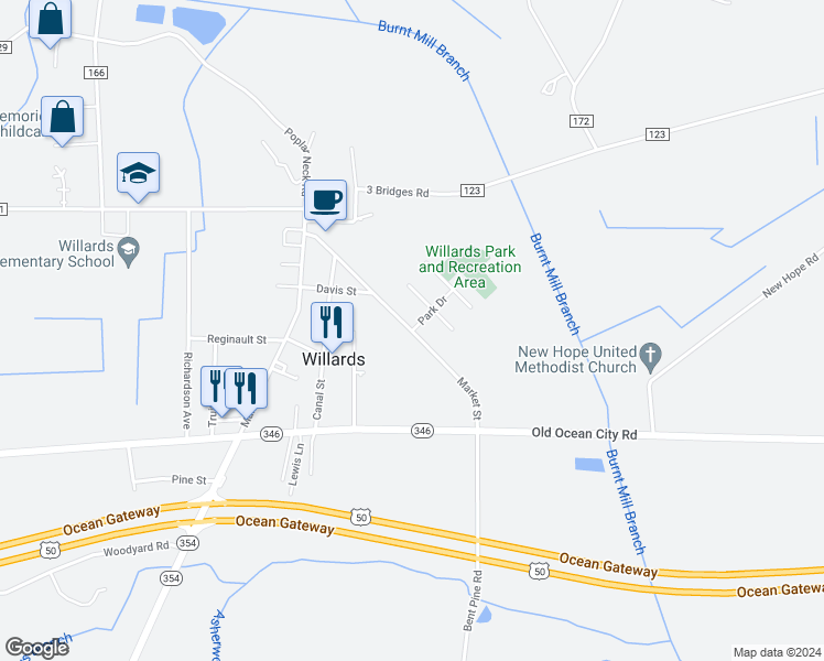 map of restaurants, bars, coffee shops, grocery stores, and more near Market Street in Willards