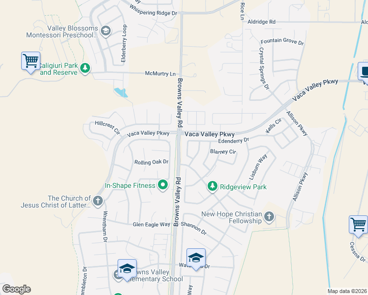 map of restaurants, bars, coffee shops, grocery stores, and more near 521 Edenderry Drive in Vacaville