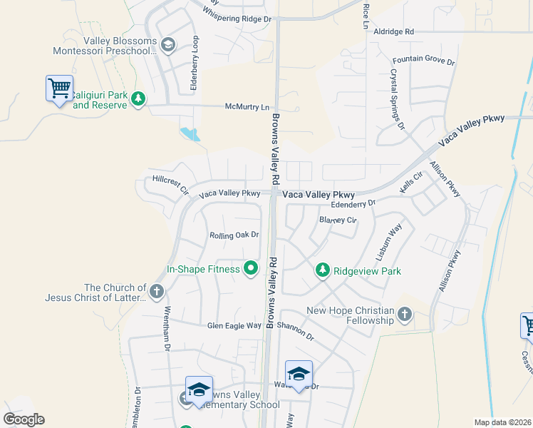 map of restaurants, bars, coffee shops, grocery stores, and more near 448 Bald Eagle Drive in Vacaville