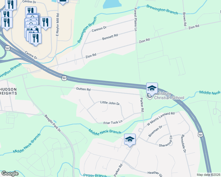 map of restaurants, bars, coffee shops, grocery stores, and more near 819 Outten Road in Salisbury