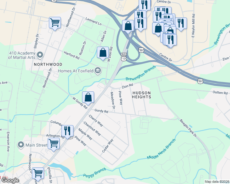 map of restaurants, bars, coffee shops, grocery stores, and more near 305 West Zion Road in Salisbury