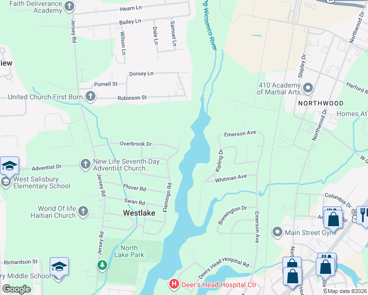 map of restaurants, bars, coffee shops, grocery stores, and more near 401 Overbrook Drive in Salisbury