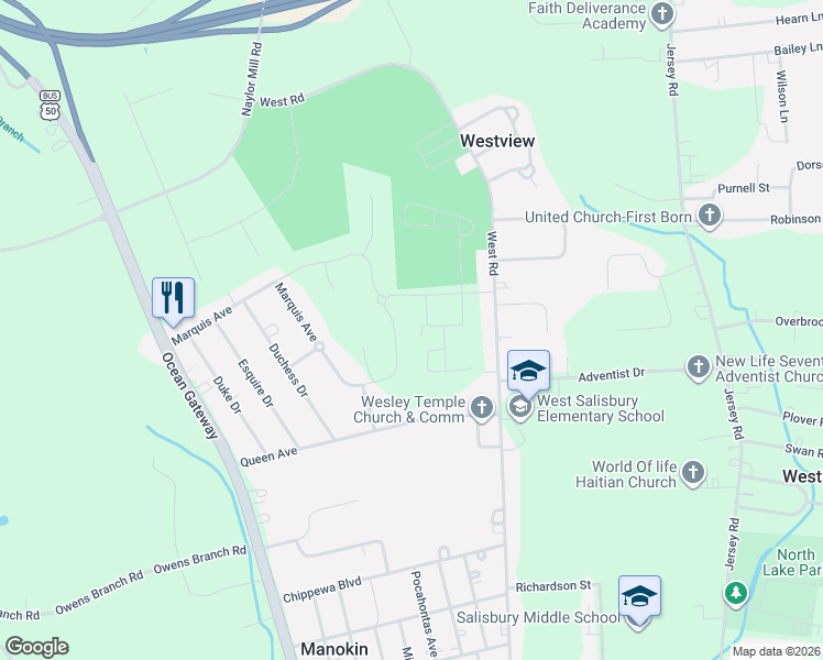 map of restaurants, bars, coffee shops, grocery stores, and more near 875 Victoria Park Drive in Salisbury