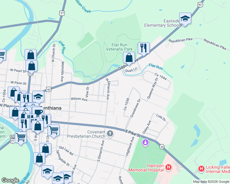 map of restaurants, bars, coffee shops, grocery stores, and more near 101 Harrison Avenue in Cynthiana
