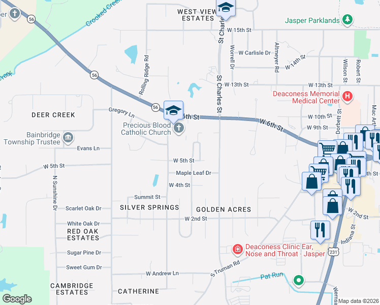 map of restaurants, bars, coffee shops, grocery stores, and more near 543 Circle Pine Drive in Jasper