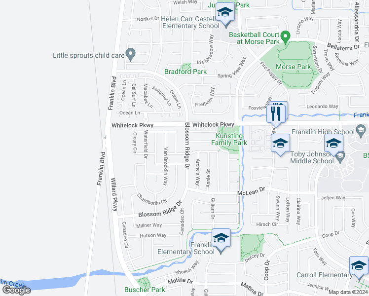 map of restaurants, bars, coffee shops, grocery stores, and more near 10058 Blossom Ridge Drive in Elk Grove