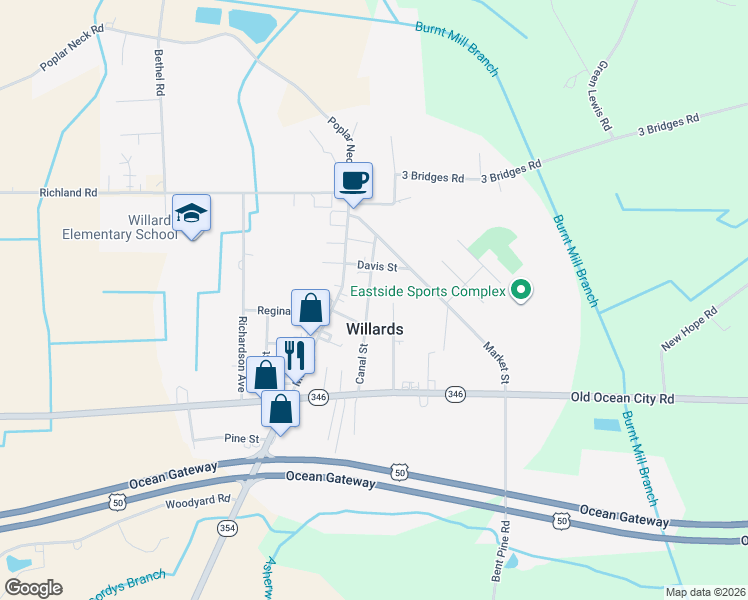 map of restaurants, bars, coffee shops, grocery stores, and more near 7380 Division Street in Willards