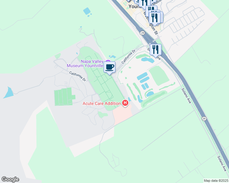 map of restaurants, bars, coffee shops, grocery stores, and more near 100 California Drive in Yountville