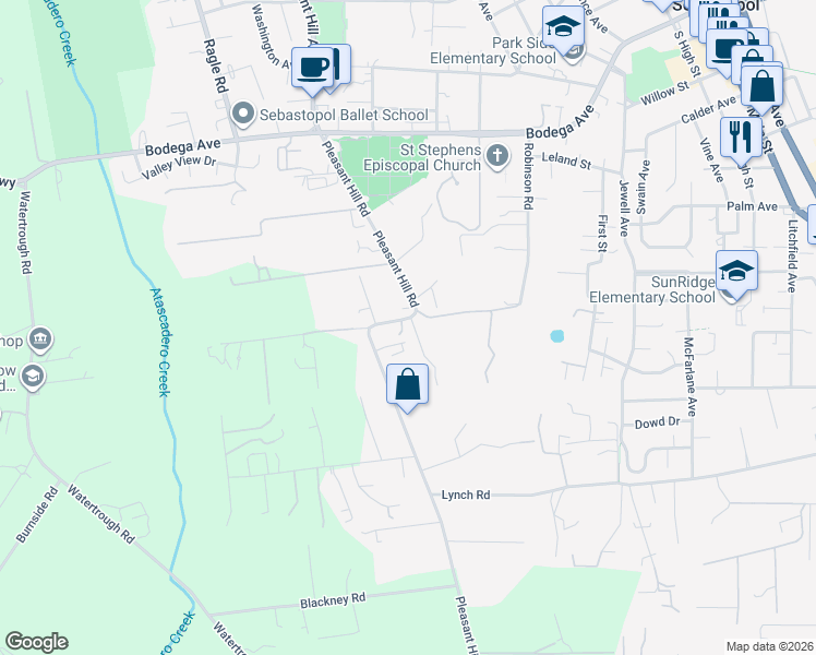 map of restaurants, bars, coffee shops, grocery stores, and more near 601 Pleasant Hill Road in Sebastopol