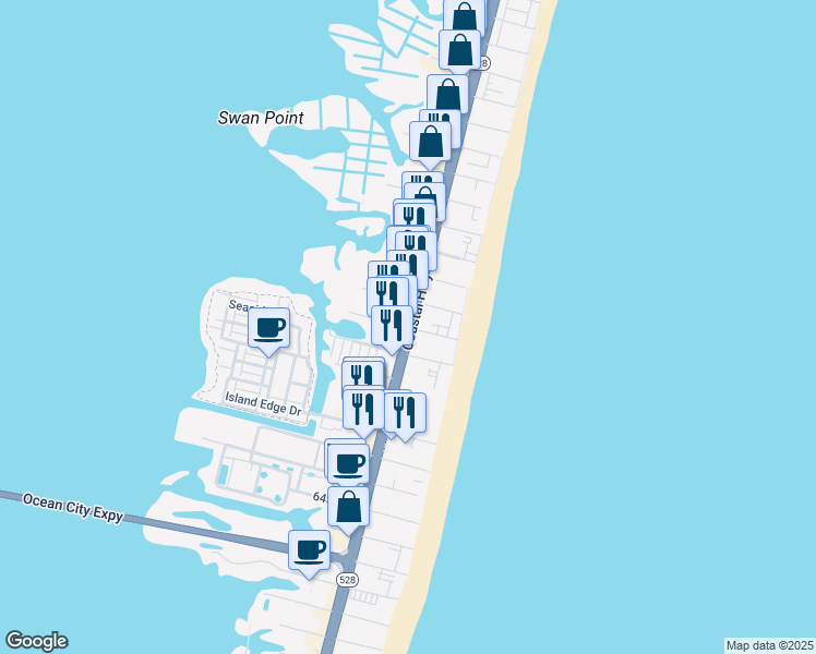 map of restaurants, bars, coffee shops, grocery stores, and more near 120 71st Street in Ocean City