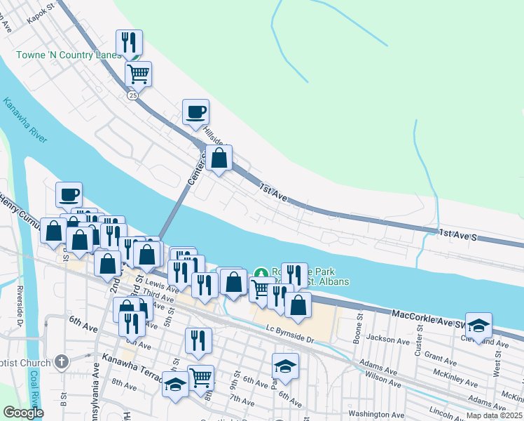 map of restaurants, bars, coffee shops, grocery stores, and more near 114 Kanawha Avenue South in Nitro