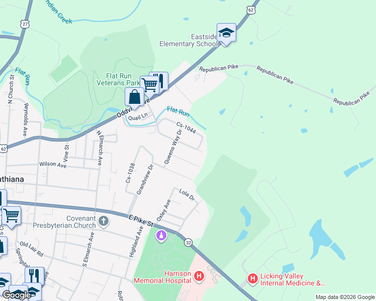 map of restaurants, bars, coffee shops, grocery stores, and more near 305 East Meadow Lane in Cynthiana