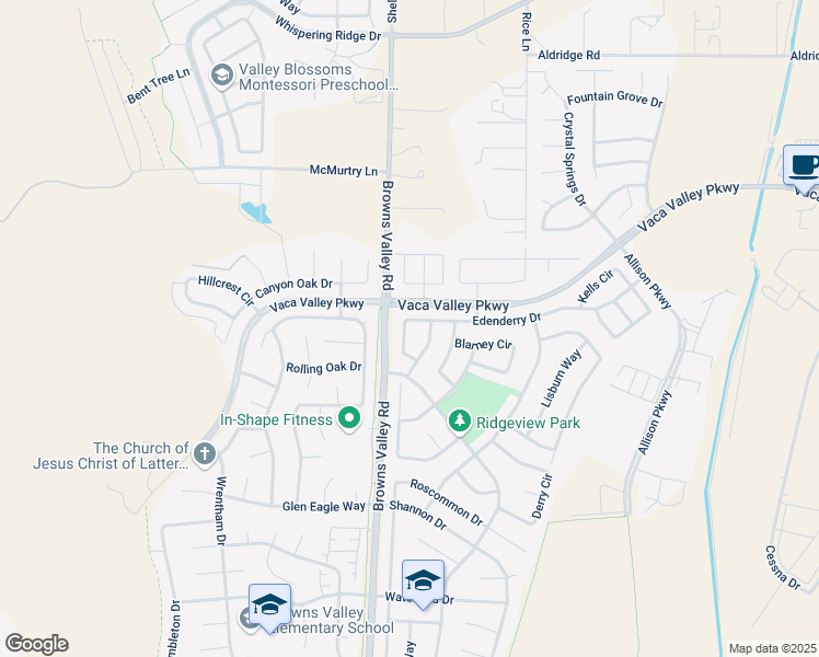 map of restaurants, bars, coffee shops, grocery stores, and more near 521 Edenderry Drive in Vacaville