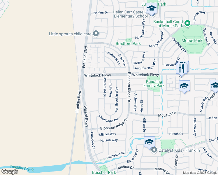 map of restaurants, bars, coffee shops, grocery stores, and more near 10044 Tittle Way in Elk Grove