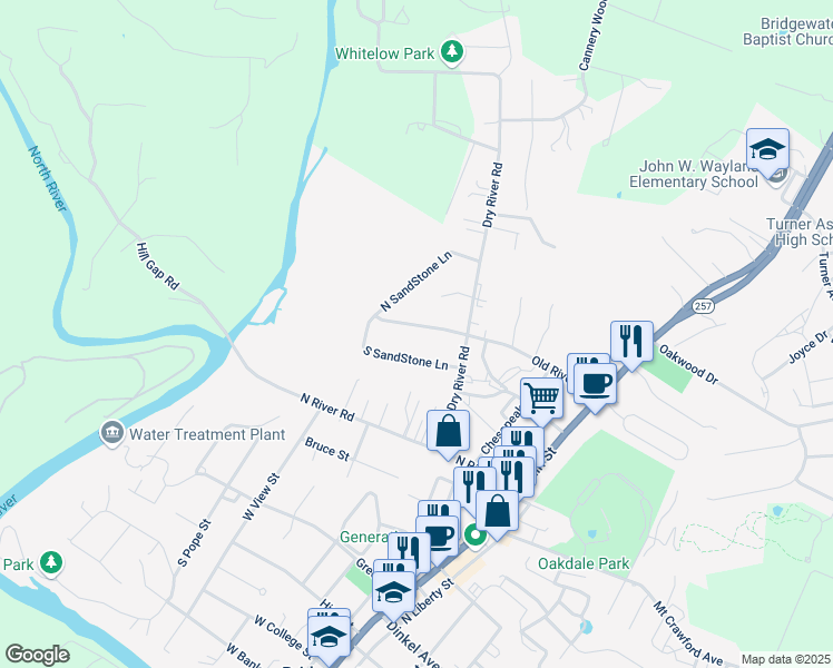 map of restaurants, bars, coffee shops, grocery stores, and more near 312 Homestead Drive in Bridgewater