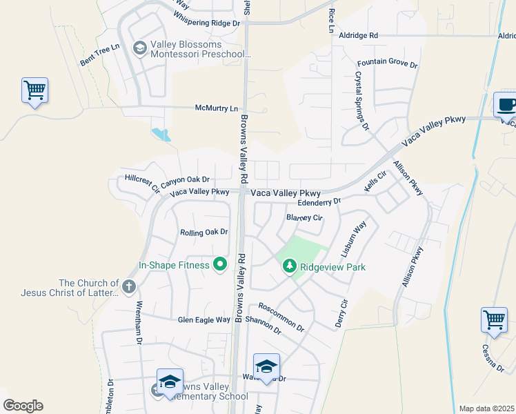 map of restaurants, bars, coffee shops, grocery stores, and more near 521 Edenderry Drive in Vacaville