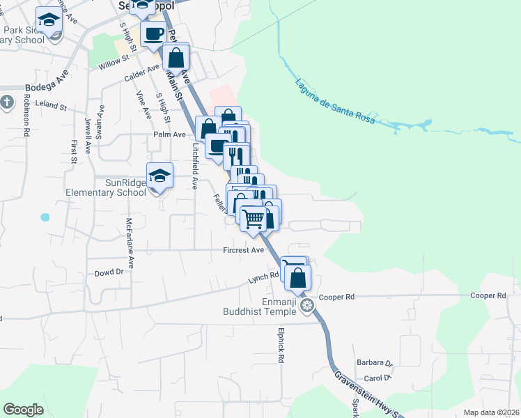 map of restaurants, bars, coffee shops, grocery stores, and more near 251 Hutchins Avenue in Sebastopol