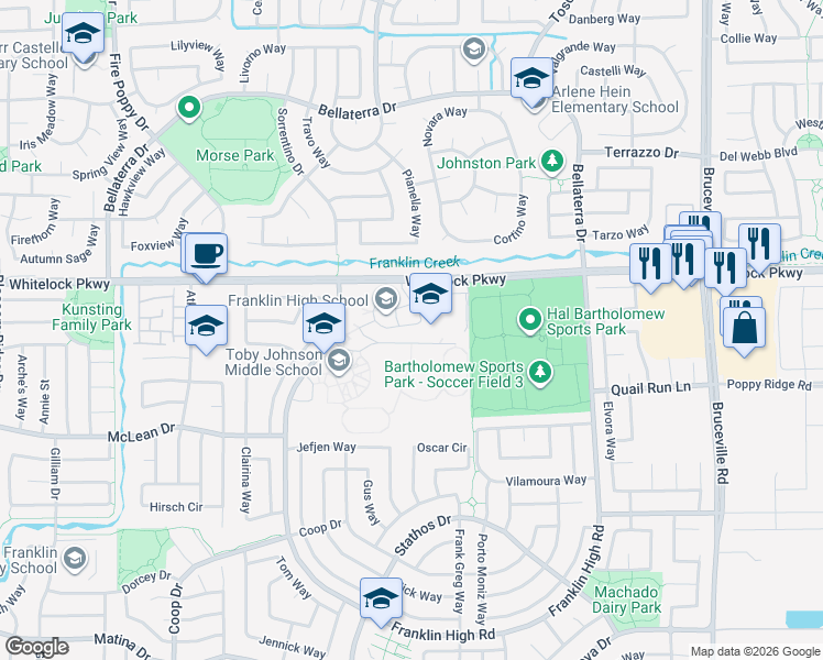 map of restaurants, bars, coffee shops, grocery stores, and more near 6400 Whitelock Parkway in Elk Grove