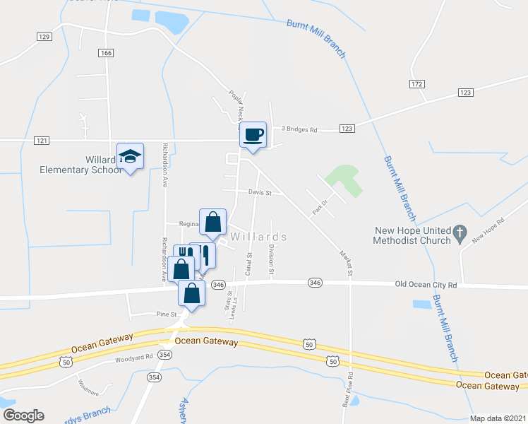 map of restaurants, bars, coffee shops, grocery stores, and more near 7380 Division Street in Willards