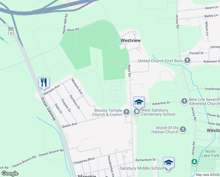 map of restaurants, bars, coffee shops, grocery stores, and more near 875 Victoria Park Drive in Salisbury