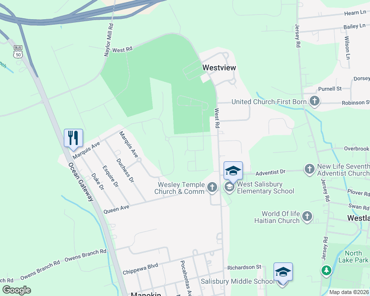 map of restaurants, bars, coffee shops, grocery stores, and more near 875 Victoria Park Drive in Salisbury