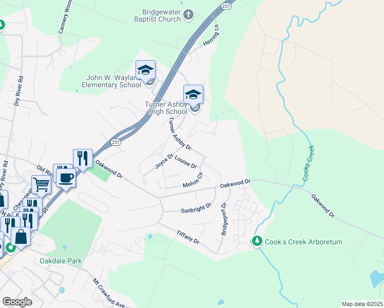 map of restaurants, bars, coffee shops, grocery stores, and more near 304 Turner Ashby Drive in Bridgewater