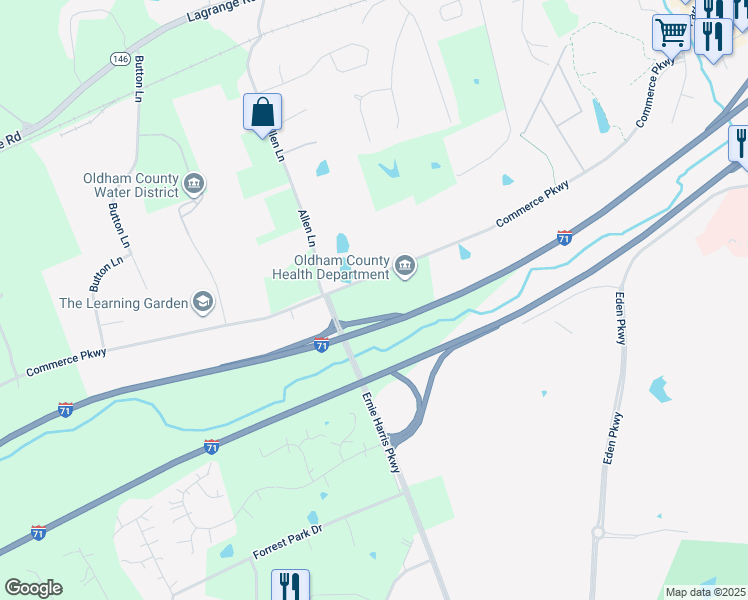 map of restaurants, bars, coffee shops, grocery stores, and more near 1800 Commerce Parkway in La Grange