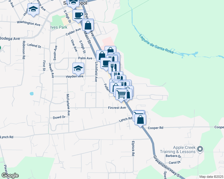 map of restaurants, bars, coffee shops, grocery stores, and more near 7042 Fellers Lane in Sebastopol