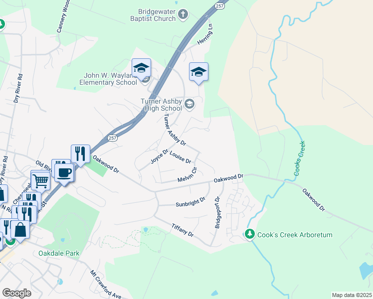 map of restaurants, bars, coffee shops, grocery stores, and more near 304 Turner Ashby Drive in Bridgewater