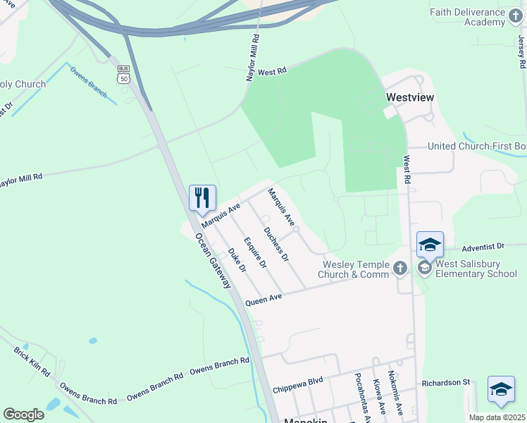 map of restaurants, bars, coffee shops, grocery stores, and more near 1524 Duchess Drive in Salisbury