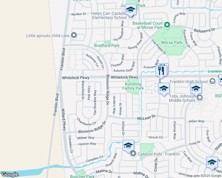 map of restaurants, bars, coffee shops, grocery stores, and more near 5104 Moon Lily Way in Elk Grove