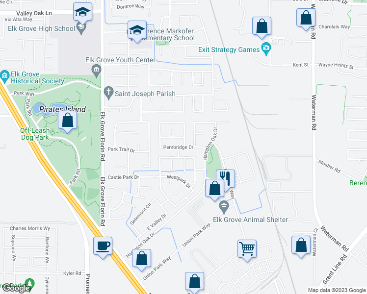 map of restaurants, bars, coffee shops, grocery stores, and more near 9056 Pembridge Drive in Elk Grove